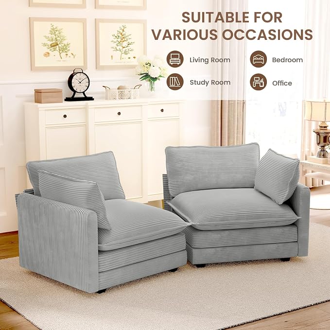 ROWHY 78'' Sectional 2 Seat Cloud Loveseat with 2 Throw Pillows, Modern Corduroy Love Seat, Cozy Sofa for Living Room, Office and Bedroom, Light Grey