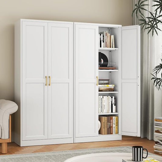 71" Metal Pantry Cabinet,Storage Cabinet with Doors and Shelves | Metal Storage Cabinet,Gold Handles,Adjustable Shelves,Magnetic Doors,Leveling Feet,Anti-tipping,for Kitchen/Garage White
