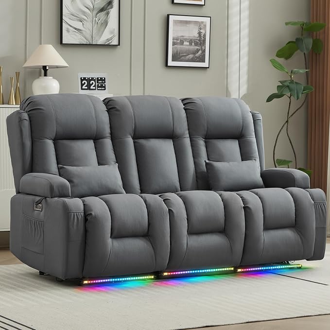 URRED Power Loveseat Recliner Sofa with Massage and Heat, Wall Hugger Reclining Loveseat with Console, RV Couch Home Theater Seating with LED Lights for Living Room (Blue Grey, 76.8" - 3 Seats)