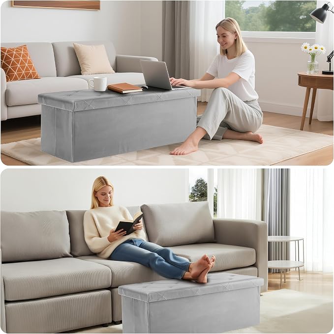 DUMOS 43 Inch Folding Storage Ottoman Bench, Large Storage Chest withThicker Foam Padded Seat, End of Bed Foot Rest Stool for Bedroom Living Room Entryway, Load 660 lbs, Lychee Grain Leather, Grey