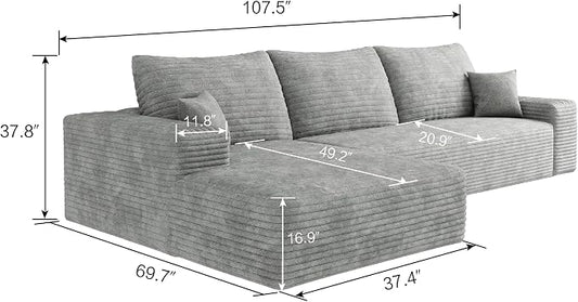 107" Boneless Couch with L Shaped Chaise, Plush Corduroy Sleeper Sectional Sofa, Deep Seat Comfy Couches for Living Room Bedroom, Compressed Foam Cloud Sofas, No Assembly, Left Facing Chaise, Grey