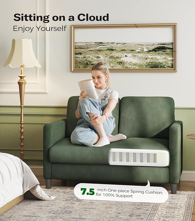 Welzona Loveseat Sofa, 51" Love Seat, Comfy Corduroy Small Loveseat for Small Spaces, Tool-Free Setup Couch for Bedroom, All-Wood Couches for Living Room, Green