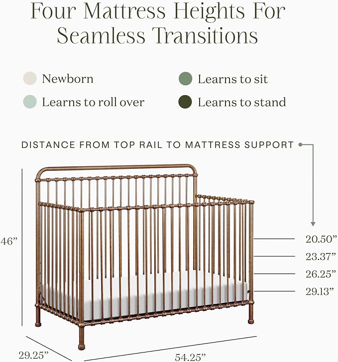 Namesake Winston 4-in-1 Convertible Crib - GREENGUARD Gold Certified Metal Baby Crib Convertible to Toddler Bed, Daybed, Full Size Bed w/ 4 Mattress Heights - Vintage Gold Bedside Crib for Baby