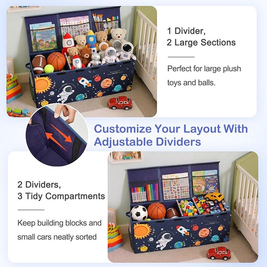 Unicorn Castle Toy Box with Adjustable Divider Toy Chest Storage Large Toy Storage Organizer Bin Collapsible with Lid Pockets for Nursery Playroom,Blue Astronaut