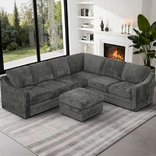 115 Inches Chenille Sectional Sofa with Storage Ottoman, Modern 7 Seats Corner Couch with Deep Seat, Comfy Modular U Shaped Couch with Comfortable Cushions for Living Room, Grey