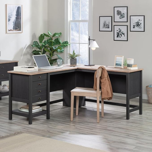 Sauder Cottage Road L Shaped Desk Computer Desk with Drawers, Home Office Desk with Optional File Cabinet Storage, Cable Management, in Raven Oak Finish