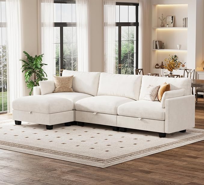 Modular Sectional L Shaped Sofa Couches for Living Room, Cloud Couch with Storage Ottoman, Comfy Chenille Sofa with Pillow, Beige