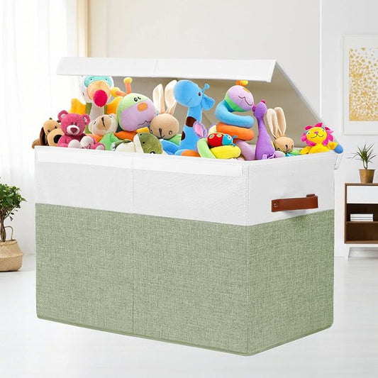 Gowee Large Toy Storage Box with Lid, Sturdy Toys Storage Chest Bin Organizer Basket with Dividers for Kids, Boys, Girls, Nursery, Closet, Bedroom, Playroom 25"x13" x16" (Green and White)
