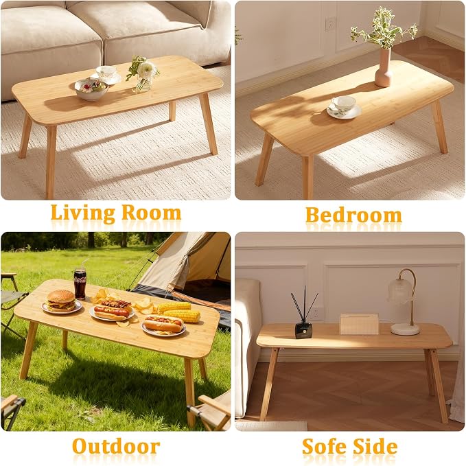 Baveke Folding Coffee Table- Foldable Floor Tables, Mid Century Coffee Table for Living Room, Small Coffee Tables Solid Wood Japanese Low Table for Sitting on Floor, No Assembly, 39.4''-Natural