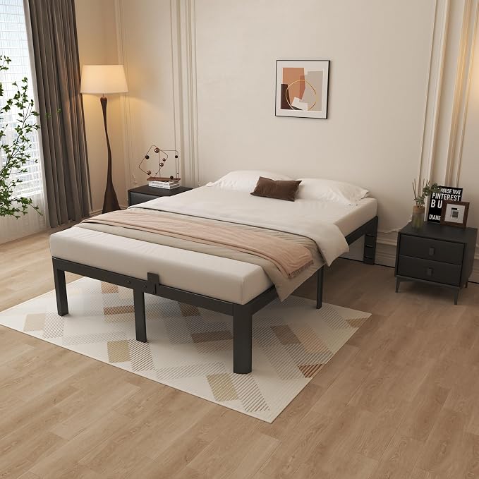 14 Inch Full Size Bed Frame, Metal Bed Frame Full with Gaskets, No Box Spring Needed, Heavy Duty Steel Platform Supprt, Rounded Corner Legs, Reserved Holes, Noise Free, Storage Space, Black