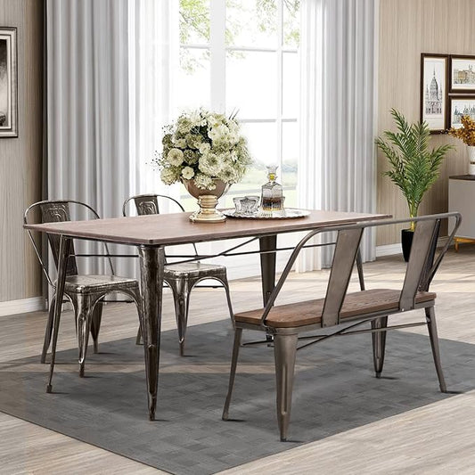 YOLENY Dining Bench, Farmhouse Metal Entryway Chair with Back, Industrial Mid-Century 3 Person Rustic Spindle Bench, with Wood Seat, Removable Backrest, 42in, Bronze