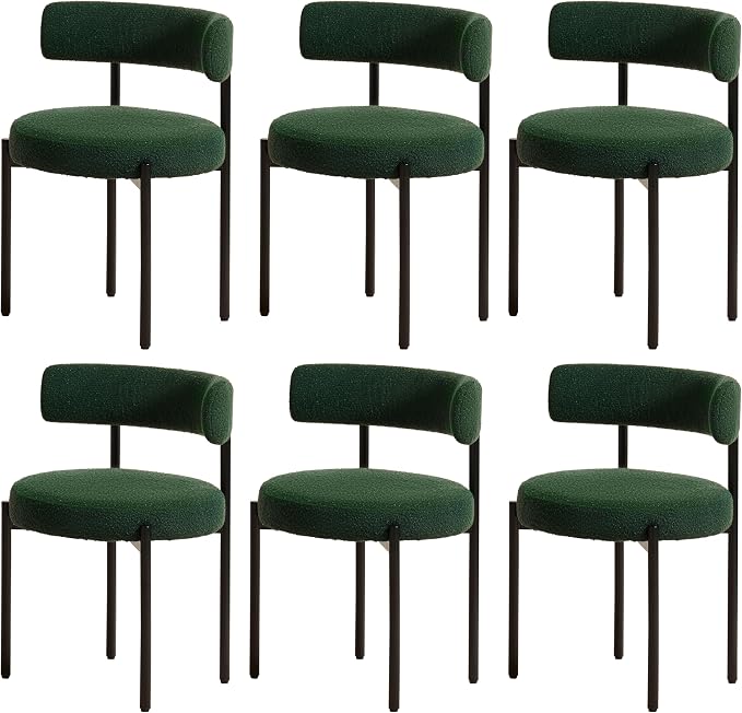 Boucle Dining Chairs Set of 6, Green Dining Chairs with Upholstered Seat and Round Back, Mid-Century Modern Kitchen Chairs for Dining Room, Restaurant