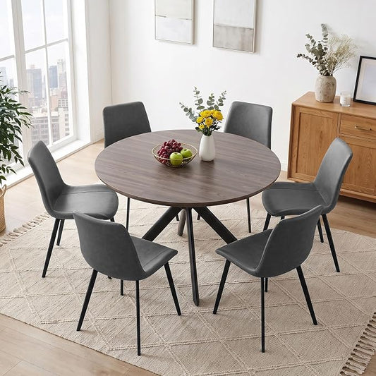 HIPIHOM 43.2" to 59.1" Extendable Round Dining Table Set for 6 Persons | Mid century modern oak, MDF board, scratch resistant & easy clean, space saving, fits 4-6 person