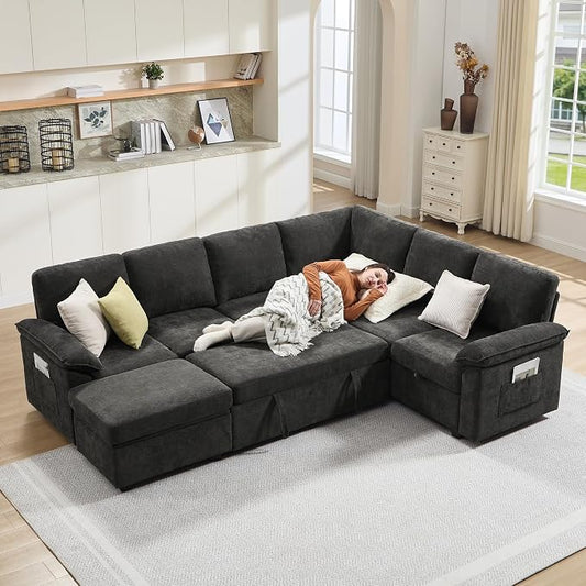 VanAcc 105" Sofa Bed, Sectional Sleeper Sofa with Pull Out Bed/Reclining Backrest, Sleeper Couch Bed with Storage, 6 Seater Couch Bed for Living Room, Chenille Dark Gray