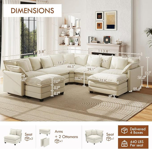 WorthFurni 114” Oversized Modular Sectional Sofa, 7-Seater V Shaped Cloud Couch Set, Comfy Chenille Deep Seat Couches with 2 Movable Ottomans, DIY Combination for Living Room (Beige)