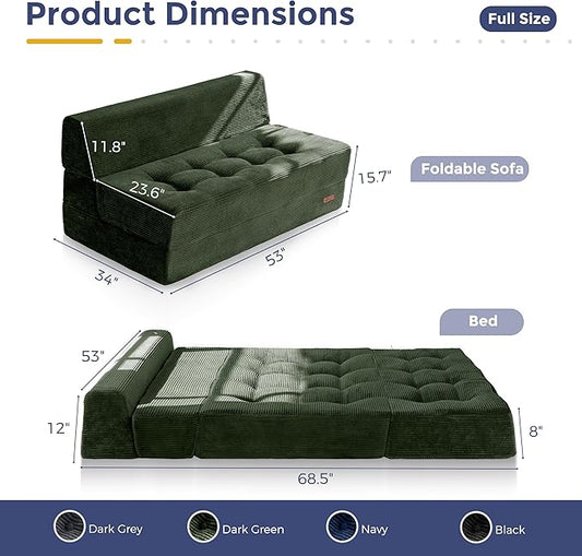 MAXYOYO 8" Folding Sofa Bed, Fold Out Chair Bed, Convertible Floor Sofa Couch, High-Density Foam Tufted Lounge Couch for Living Room Bedroom Dorm, Loveseat, Dark Green