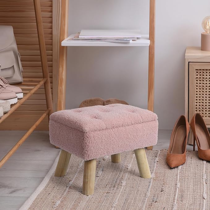 OGEMXU Storage Ottoman, Small Foot Stool Ottoman with Storage, Boucle Teddy Velvet Foot Rest with Padded Seat, Sturdy Wood Legs Stool for Living Room, Bedroom, Couch, Enterway (Pink)