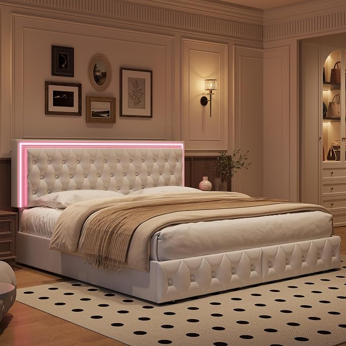 Keyluv King Size LED Bed Frame with 4 Storage Drawers and Adjustable Headboard, PU Leather Upholstered Button Tufted Modern Platform Bed, Solid Wooden Slats Support, Easy Assembly, White