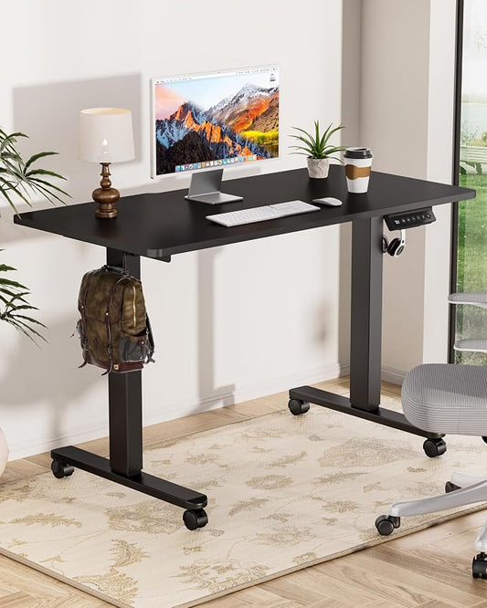 Okin Standing Desk Electric Adjustable Computer Whole Piece Stand up Desk with Wheels Office Gaming Home Office Memory Desks 48x24 inches Black