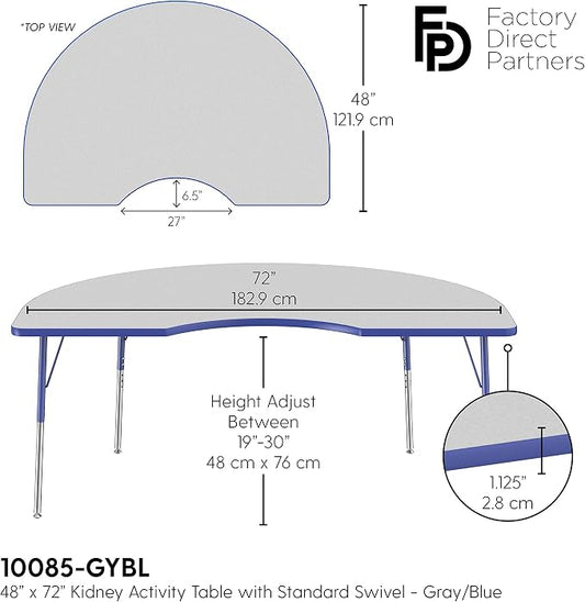 FDP Kidney Activity School and Office Table (48 x 72 inch), Standard Legs with Swivel Glides for Collaborative Seating Environments, Adjustable Height 19-30 inches - Gray Top and Blue Edge