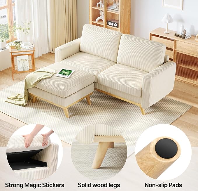 Vesgantti 68" Loveseat Sofa with Movable Ottoman, Comfy Corduroy Couch with Spring Cushion, Sofa Couch with Solid Wood, Modern Office Sofa with Deep Seat for Living Room and Bedroom, Beige