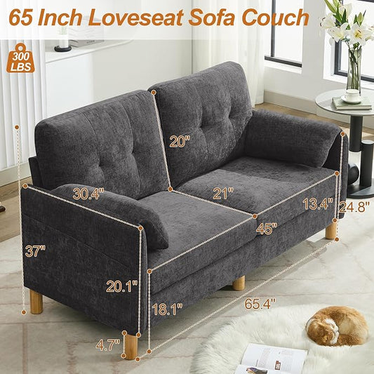 WUTUTUEE 65" Chenille Loveseat Sofa, Modern 2-Seater Love Seat Couch with Armrest Pillows, Storage Pockets, Easy Assembly, Upholstered Tufted Loveseat Couches for Living Room Bedroom, Dark Grey