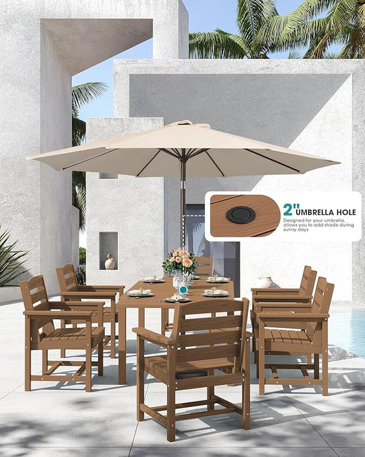 SERWALL 60" - 83" Expandable Outdoor Dining Table and 6 HDPE Chairs, Brown | Outdoor Dining Set for 6, All Weather Aluminum and HDPE Outdoor Furniture Set, Extendable Patio Dining Table