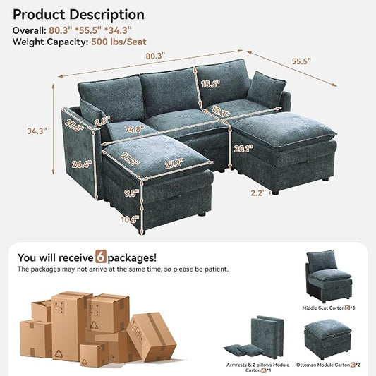 80" Cloud Modular 3 Seater Sofa with 2 Storage Ottoman, Modern Upholstered Storage Sofa Couch Deep Seat, U Shape Sectional Sofa Chenille Comfy Couch with Armrests for Living Room, Small Space, Blue