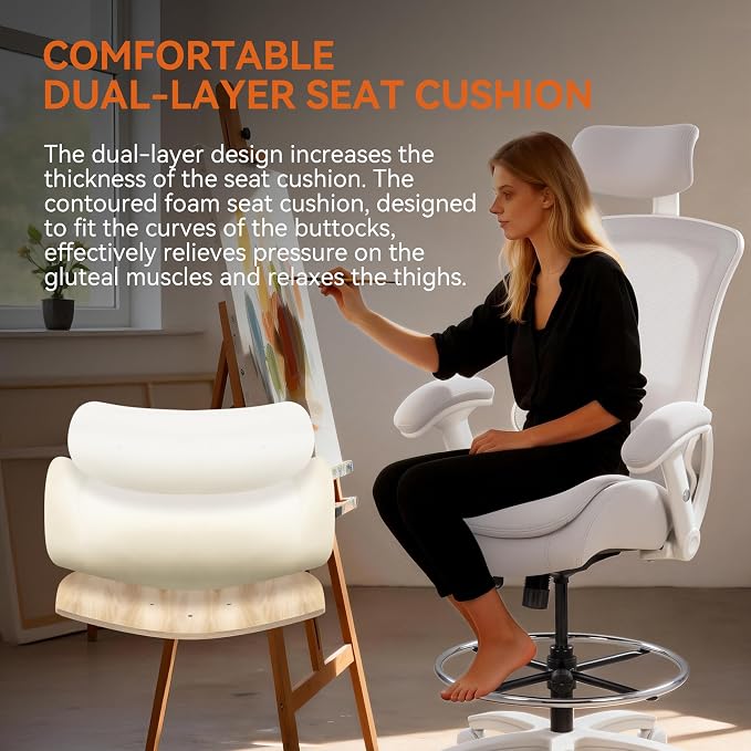 BOLISS Ergonomic Drafting Chair High Back Tall Office Chair for Standing Desk with Double-Layer Seat Cushion, Adjustable Headrest & Lumbar Support, Flip-Up Arms, and Metal Foot Ring (Grey)