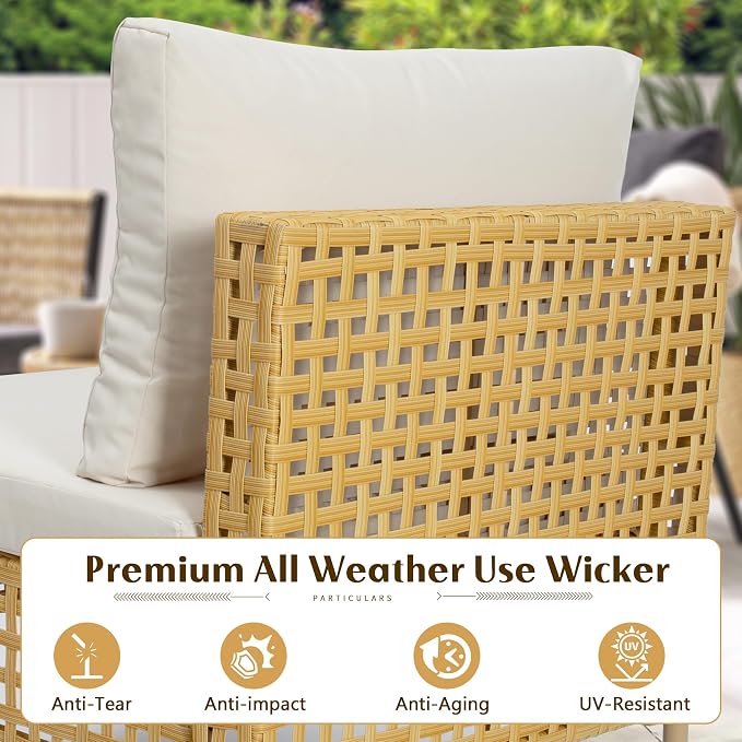 LHBcraft Patio Furniture Set, Large 7 Piece Wicker Outdoor Sectional Furniture Set with Coffee Table, Patio Conversation Sets Sofa, Hand Knitting, All-Weather Cushions for Backyard, Porch, Beige