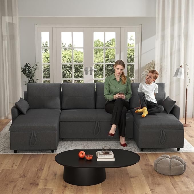 L Shaped Sleeper Sofa Bed with Storage: 106" Grey L Shaped Couch with Pull Out Bed, Queen Size Corner Sectional Couch with Storage Chaise, Convertible Sofa Beds Space Saving | Linen
