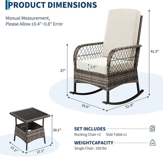 3 pcs Outdoor Rocking Bistro Set, Wicker Rocking Bistro Set with Thick Cushions, Outdoor Rocker Chairs and Coffee Table for Porch, Backyard or Garden (Brown&Beige)