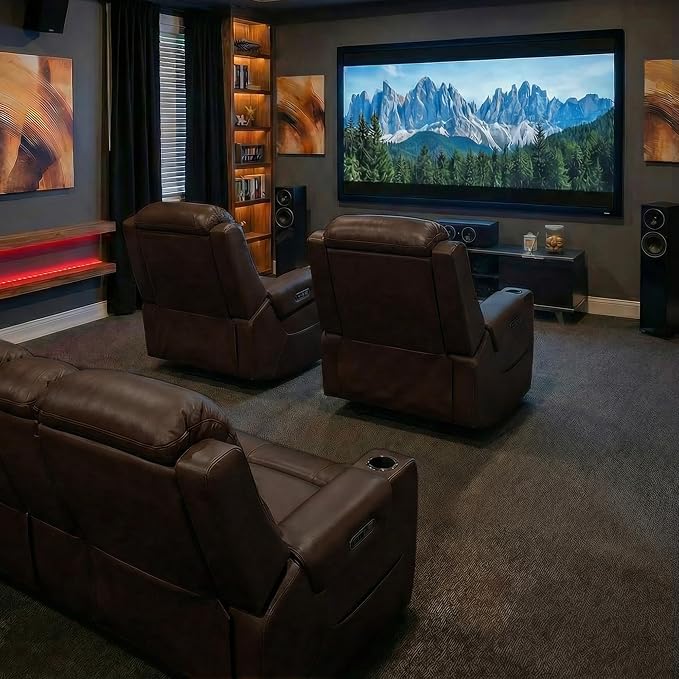 Watson & Whitely Genuine Leather Power Recliner Chairs for Adults, Lay Flat Recliner with Power Headrest, USB Ports and Cup Holders, Electric Reclining Sofa for Living Room, Bedroom, Dark Brown