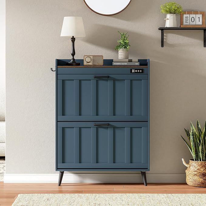 ChooChoo Shoe Storage Cabinet with 2 Flip Drawers, Deodorizing Shoe Organizer Storage for Entryway, Freestanding Hidden Slim Narrow Shoe Rack Cabinet, Blue