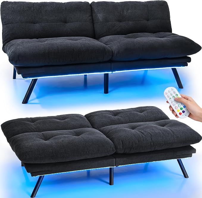 YITAHOME Convertible Futon Sofa Bed with Adjustable 3 Color Light Strip, 70" Folding Futon Set for Living Room Home Office Aprtment, Modern Futon Couch with Adjustable Backrest & Armrests, Black