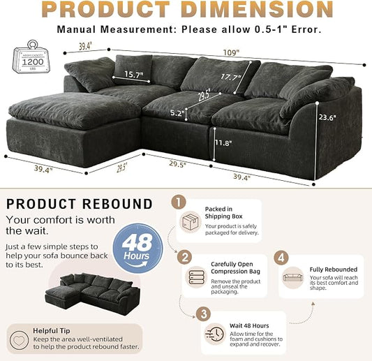 109" Boneless Cloud Couch Sectional for Living Room, Oversized Modular L Shaped Sofa with Ottoman, Deep Seat Chenille Sectional Couch for Cloud-Like Comfort (Onyx Black)
