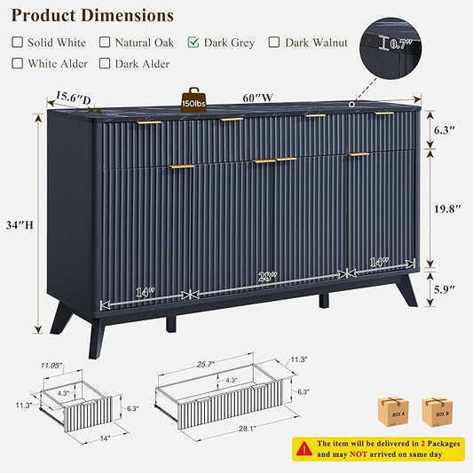 T4TREAM Large Buffet Sideboard Cabinet with Storages, 60" Fluted Modern Buffet Table Coffee Bar Wine Bar Storage Cabinet with 3 Drawers & 4 Doors for Dining Room, Living Room, Hallway(Dark Grey)