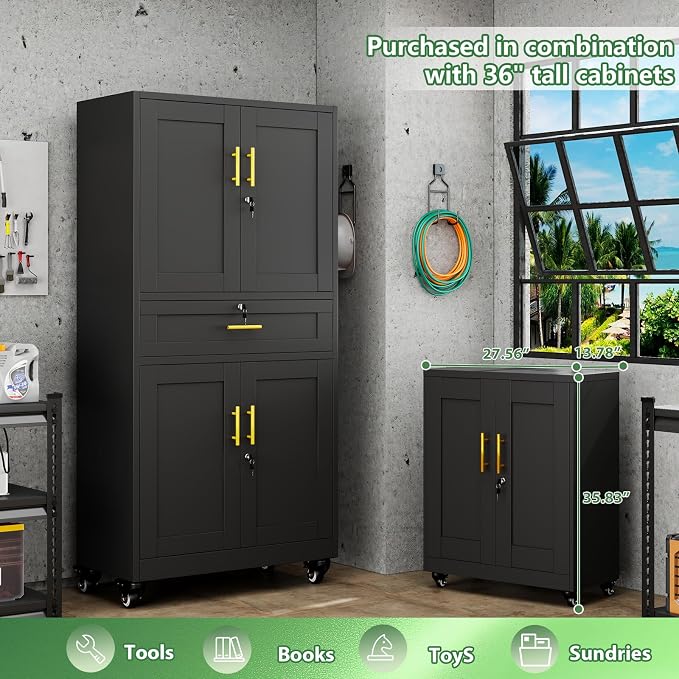 Lockable Metal Storage Cabinet, 71" Tall Black Cabinet with Wheels | Garage Storage Cabinet with Drawers, 3 Adjustable Shelves and Lock, Steel Construction – Suitable for Office, Home, School