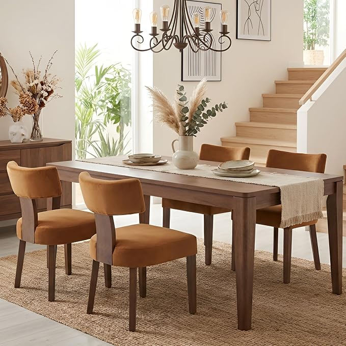 HNY Mid Century Modern Dining Chairs, Velvet Fabric Farmhouse Upholstered and Curved Backrest Kitchen Accent Chairs Set of 4, with Hardwood Frame, Burnt Caramel