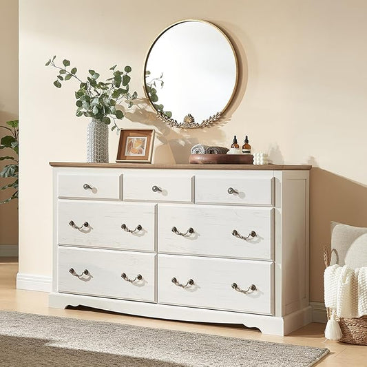AMERLIFE Farmhouse 3 Pieces Bedroom Sets, Include 54" Wide 7 Drawers Dresser, Nightstand Set of 2 with Charging Station, Rustic Retro Bedroom Furniture Set, White