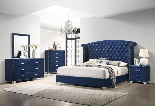 Coaster Home Furnishings Melody Modern Classic 5-Piece Bedroom Set Velvet Upholstered California King Size Wingback Bed Frame 66-inch Headboard Pacific Blue 223371KW-S5