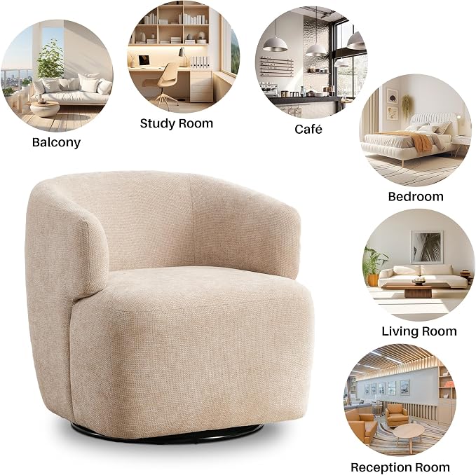 SOFTHION Swivel Accent Chair, Chenille Barrel Chair for Living Room, Cozy Round Boucle Arm Chair, Metal Base for Club Nursery Bedroom, Beige