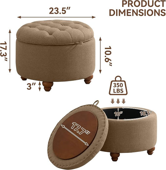 WUTUTUEE 24Inch Round Storage Ottoman with Tray, Modern Tufted Fabric Circle Coffee Table with Storage, Upholstered Ottoman with Removable Top for Living Room, Bedroom, Brown