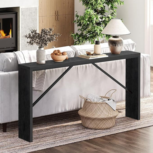 MAHANCRIS Console Table, 62.2" Long Sofa Table Behind Couch, Narrow Entryway Table, Farmhouse Dining Table with Angled Metal Frame, Industrial Console Table for Entryway, Black CTHB15801