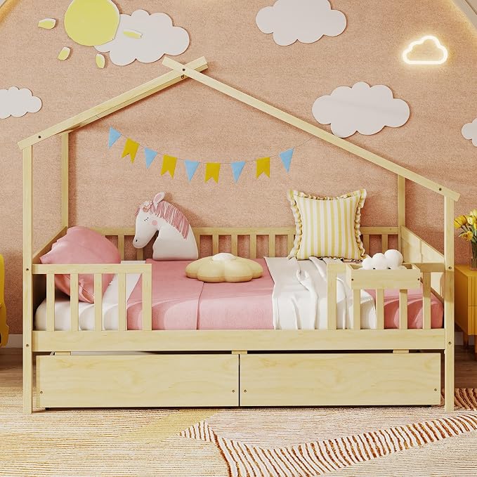 Giantex Full House Bed with Drawers, Wooden Full Size Bed Frame with Cube Storage & Fence Rails, Montessori Beds for Kids Boys Girls, Bedroom, Living Room, No Box Spring Needed, Natural