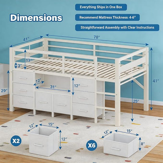 Einhomn Twin Low Loft Bed with 8 Drawers, Bookshelf, Heavy Duty Metal Kids Loft Bed with 13 Inch Safety Guardrail, Play Curtain, Under-Bed Play Area - White