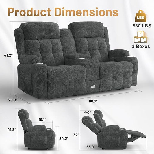 Loveseat Recliner Sofa, Home Theater Seating with Massage, Reclining Loveseats with Console, Wall Hugger RV Couch Movie Theater Chairs, RV Furniture Sofas with USB, Cup Holders, Drawer for Gaming Room