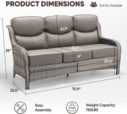 Luxury Patio Sofa 3-Seat Wicker Couch with 6" Thick Cushion - Outdoor Furniture Rattan Sofa with Deep Seating High Back for Patio Garden Balcony Sunroom Backyard, Grey | Grey