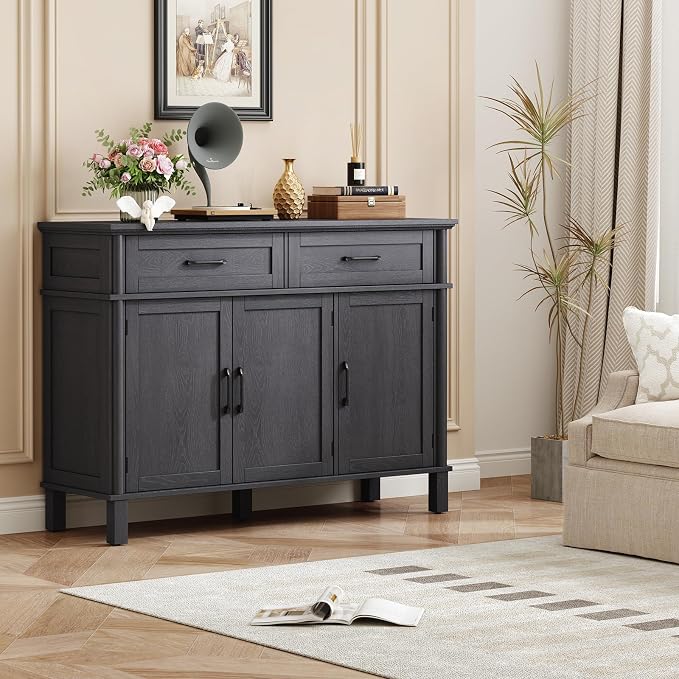 ONBRILL 48 Inches Buffet Cabinet with Storage, Farmhouse Sideboard Buffet w/2 Drawers and 3 Doors, Wood Coffee Bar Cabinet with Adjustable Shelves, Sideboard Storage for Kitchen, Living Room, Black