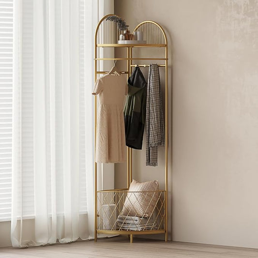 HKaikzo Corner Coat Rack, Gold Clothes Rack with 6 Metal Movable Hooks and Storage Basket Hall Tree Design Clothing Rack for Bedroom Entryway Hallway